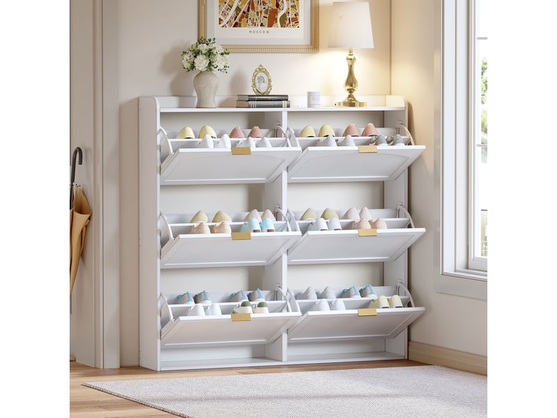  Meuble à chaussures 6 abattants, blanc, 120 x 23 x 118 cm  - Conforama B
