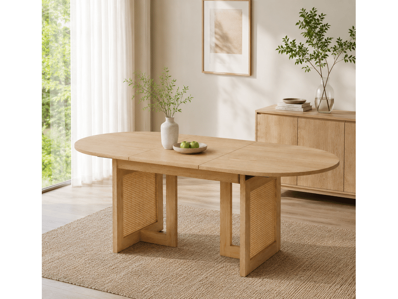 Table à manger extensible, chêne, 150200 × 90 cm, 6-8 personnes, coins arrondis, plateau épais, pieds en rotin - Conforama E