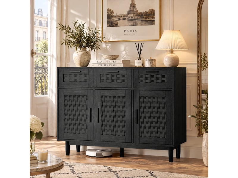  Commode 3 tiroirs et 3 porte, meuble de rangement avec conception anti-basculement et cadre en bois, commode en rotin buffet, 115x40x80 cm, noir  - Conforama B
