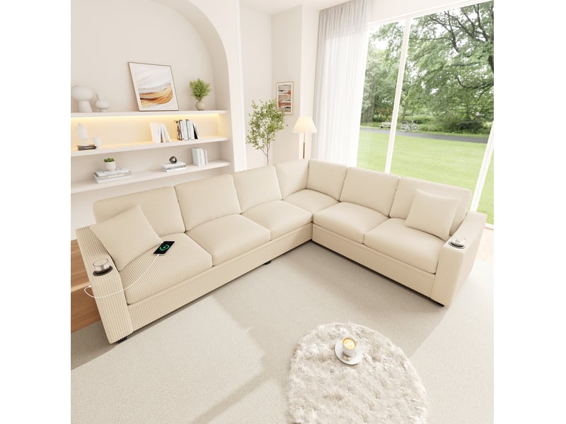 Canapé d'angle modulaire modenvie 6 places avec usb et type c, porte-gobelets, velours côtelé beige, 277 x 215 x 85 cm - Conforama B