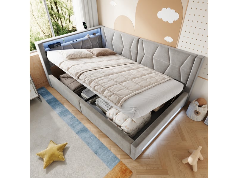  Lit banquette hydraulique 140x200 cm, led, usb-c, lit coffre rembourré, lit simple, éclairage tête et pied, velours, gris Seren Glow - Conforama B