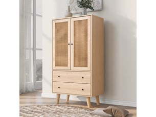 Buffet haut 60x40x120 cm avec 2 portes cannage rotin et 2 tiroirs, meuble de rangement en bois, commode moderne pour salon - chêne