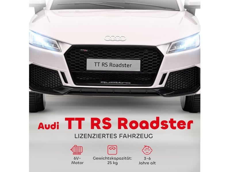  Voiture électrique enfant audi tt rs roadster 102x60x44 cm 3 kmh avec télécommande led usb blanche  - Conforama C