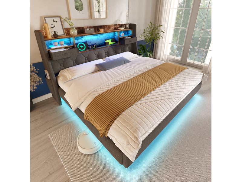  Lit double 140 x 190 cm gris avec tête de lit de rangement, led et ports de charge  - Conforama D