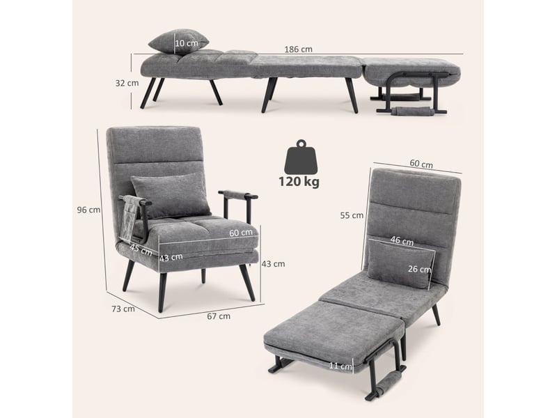  Fauteuil convertible 3 en 1 avec dossier réglable 5 positions et coussin lombaire en chenille et métal gris  - Conforama C