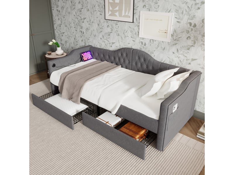  Lit enfant 90x200 cm avec 2 tiroirs et ports usb et type-c, sans matelas, gris, en lin  - Conforama B