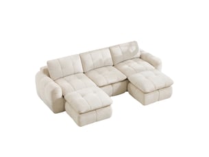 Canapé d'angle en u 3 places sans cadre, canapé modulaire, housse chenille douce, mousse 32d, sans montage, 2 poufs, beige