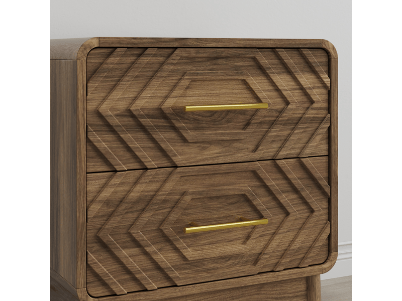 Table de chevet marron, 2 tiroirs à relief géométrique, finition mélaminée, poignées dorées, pour chambre adulte - Conforama D