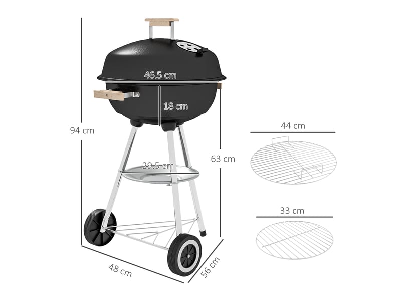  Barbecue au charbon avec grille en acier, couvercle, bouches d'aération et roues – noir  - Conforama E