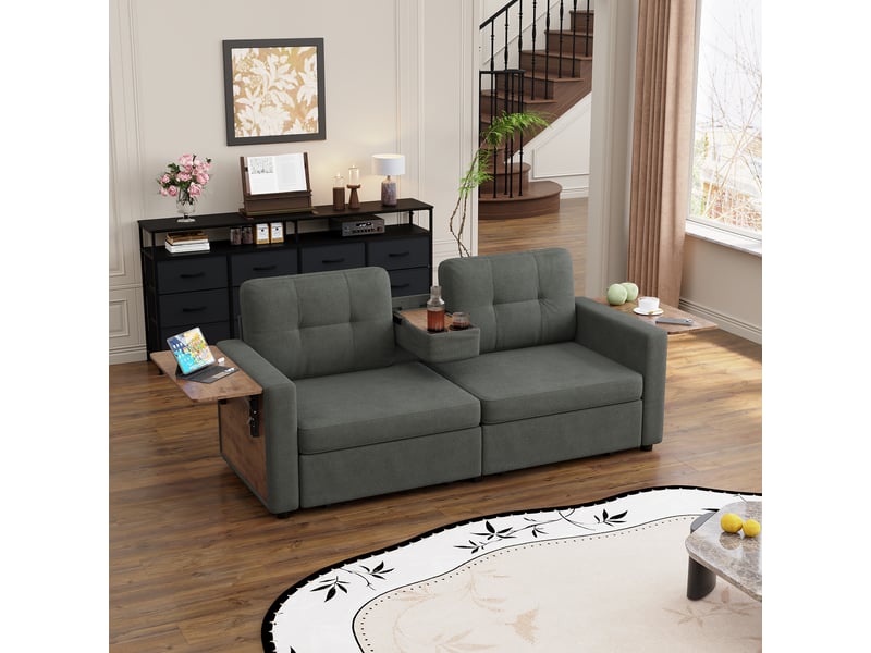  Canapé droit 2 places en chenille 178 x 71 cm avec rangement intégré, tablette rabattable, porte-gobelets et assise réglable - gris foncé  - Conforama E
