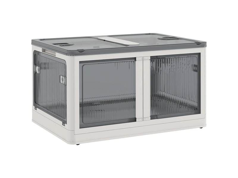  Boîte de rangement pliable et empilable 99l en plastique avec couvercle et 4 roulettes, accès à 5 côtés, blanc  - Conforama B