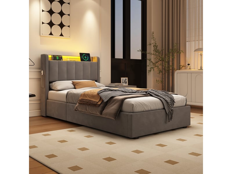  Lit coffre 90x190 cm velours gris foncé, tête de lit à ailes avec rangement, poches latérales, led, usb, ouverture hydraulique  - Conforama E