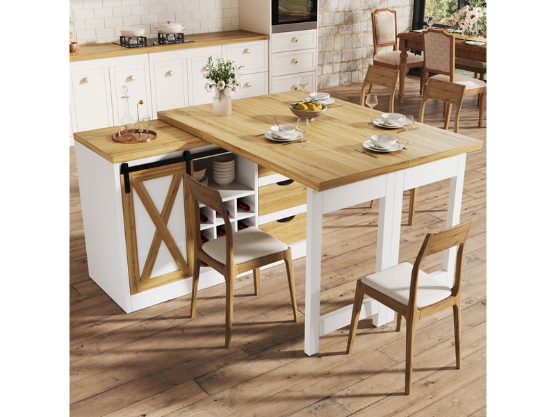  Îlot de cuisine extensible 120-197 x 40 x 72 cm, porte coulissante, 3 tiroirs et porte-bouteilles, blanc, en mdf robuste  - Conforama D
