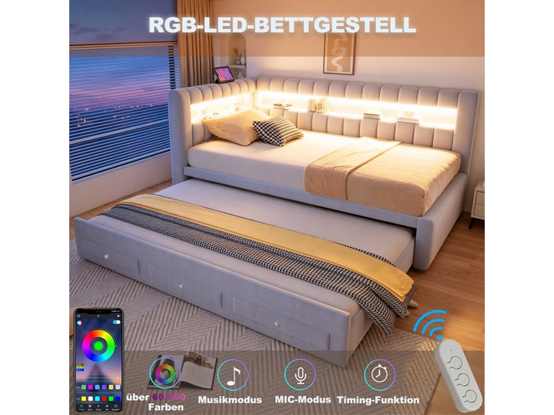  Lit banquette 90x190 cm gris clair avec lit gigogne, tiroir, led et usb  - Conforama B