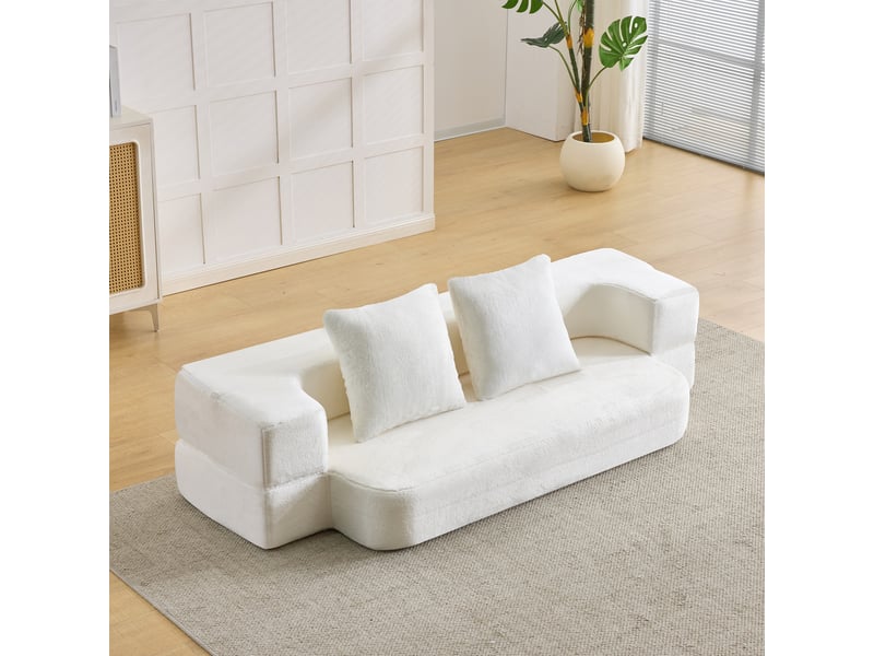 Canapé convertible 2 places pliable avec coussins, dossier incurvé - mousse et ressorts, blanc crème - Conforama C
