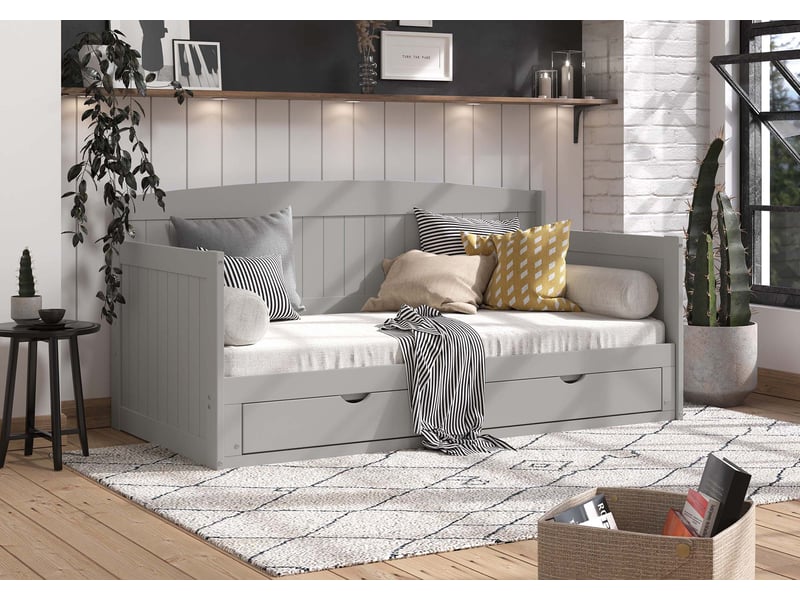 Lit Banquette Convertible 90x190 Cm Ou 180x190 Cm Avec LED - Canapé-lit Enfant/ado, Sommier Lattes Inclus, Revêtement Simili Cuir Gris
