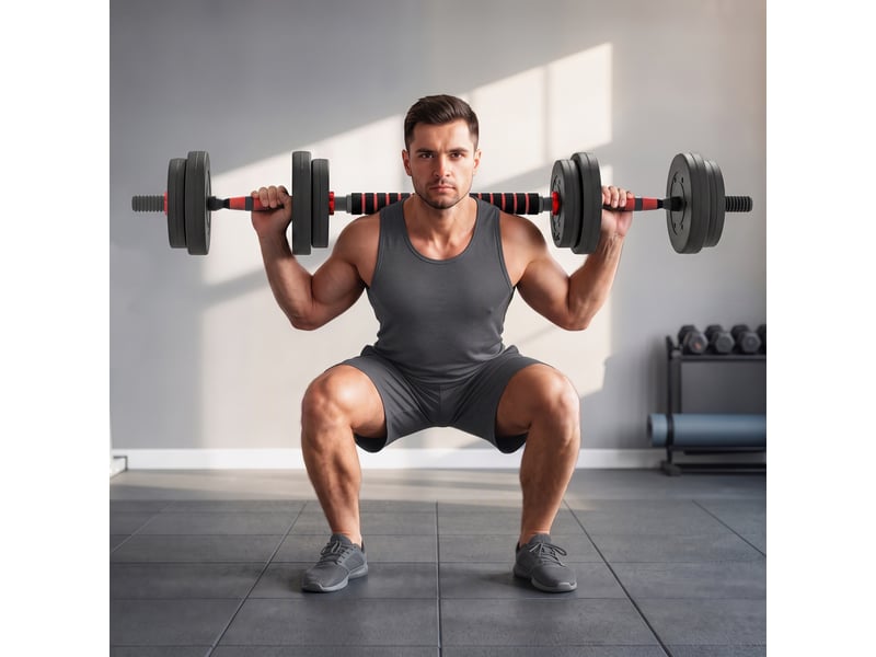  Ensemble d'haltères 2 en 1, barres courtes et longues réglables de 15 kg, entraînement de musculation professionnel, noir  - Conforama C
