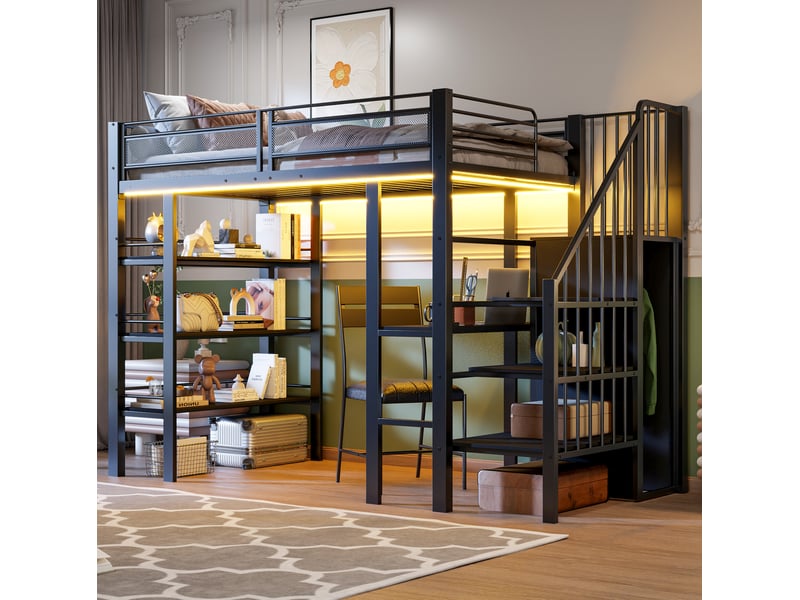 Lit mezzanine 90x200 cm avec bureau, rangements et éclairage led, noir - Conforama D