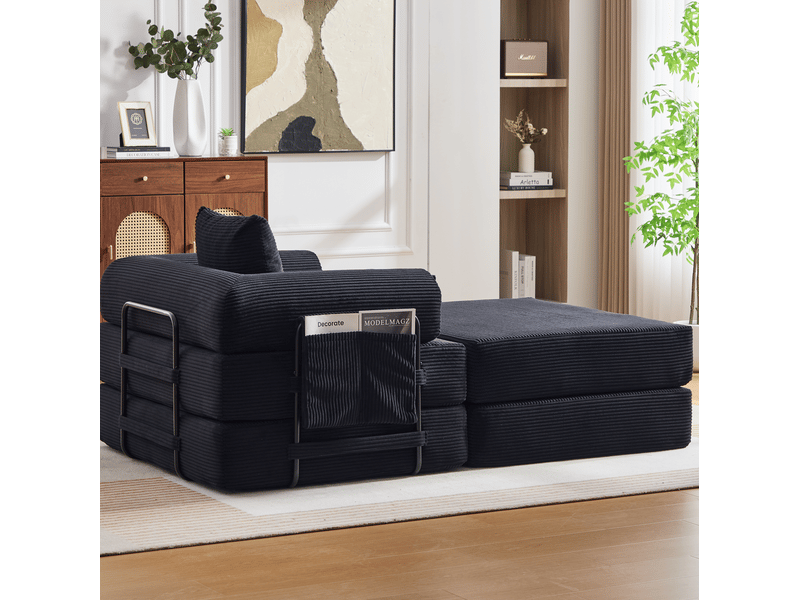  Fauteuil modulaire modenvie en velours côtelé noir avec pouf, coussin et poche latérale 112 x 190 x 67 cm  - Conforama D