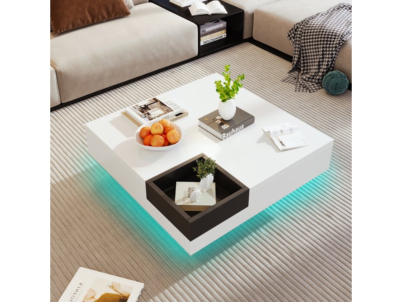 Table basse contemporaine 72×72 cm – blanc et noir, surface brillante, boîte de rangement amovible et led - Conforama D