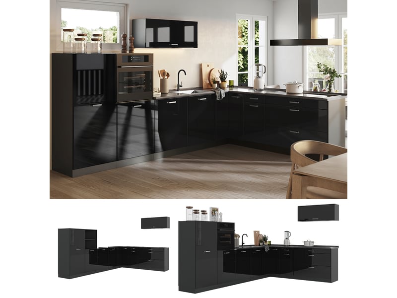  Vicco cuisine en angle, noir haute brillanceanthracite, 327 x cm plan de travail chêne doré  - Conforama D