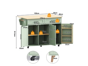 Îlot de cuisine mobile 129 × 46(71) × 91,5 cm vert, mdf, plateau rabattable en bois massif, tiroirs et roulettes
