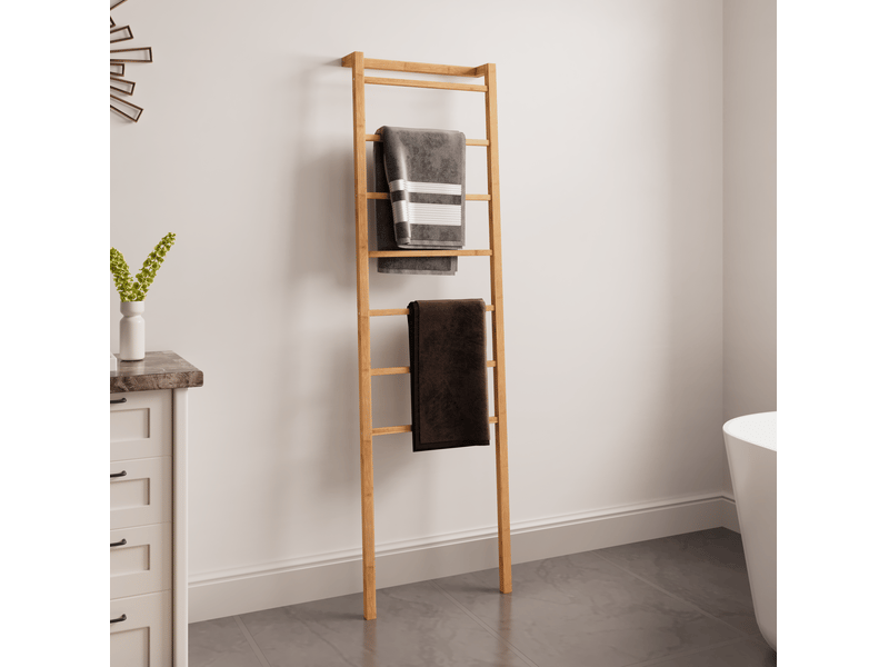  Échelle porte-serviettes en bambou à 7 barreaux, sans perçage, 50 x 22,9 x 172,7 cm pour salle de bains  - Conforama E