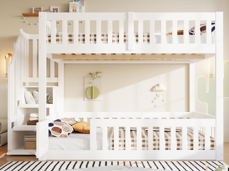  Lit superposé 140x200 cm, barrières de sécurité sur toute la longueur, escalier avec rangements, structure en bois massif, blanc  - Conforama B