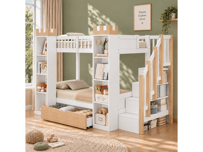 Lit superposé enfant 90 x 200 cm, escalier avec rangement, tiroir, barrière de sécurité, design château, pin, blanc Bliss Lite - Conforama B