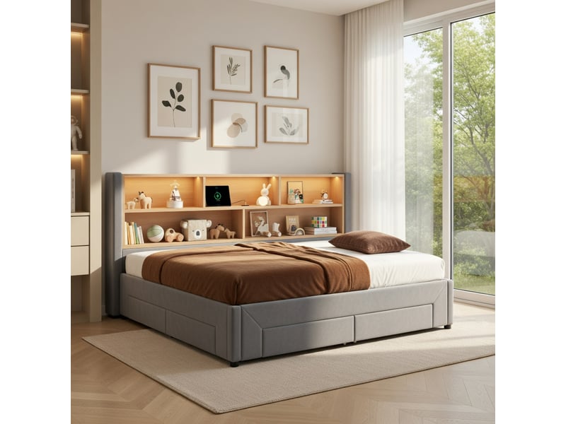 Lit pour adulte 90 x 200 cm, équipé de 2 tiroirs, avec prise usb et éclairage led, en velours, gris - Conforama B