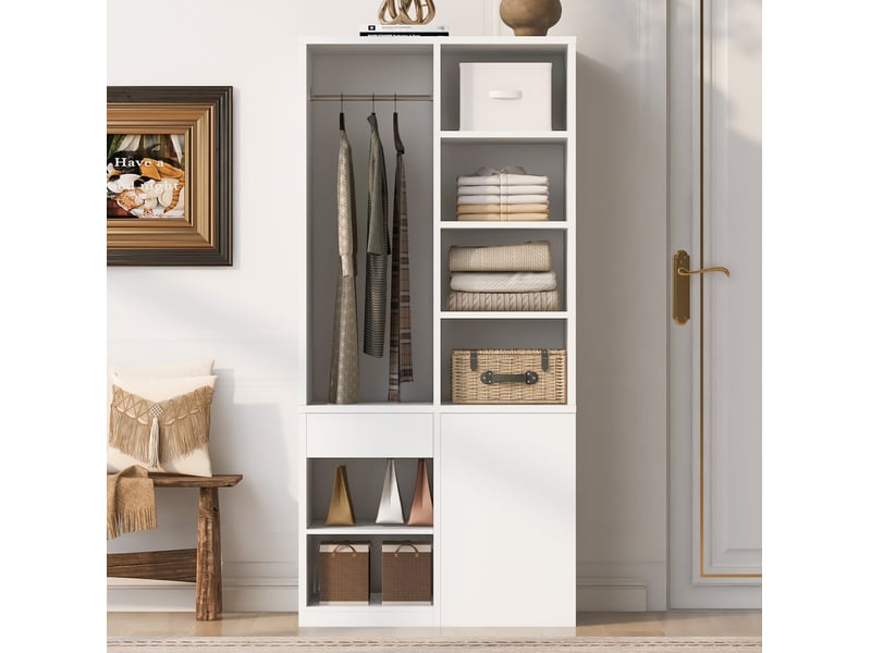  Armoire 70x50x170 cm blanche avec penderie, étagères et 4 tiroirs  - Conforama B
