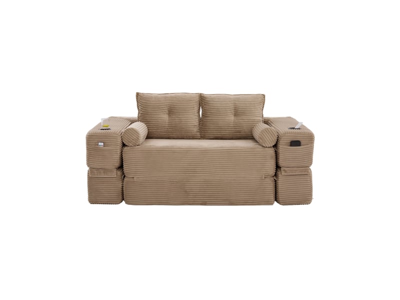  Canapé convertible 2 places en velours côtelé beige avec poches latérales et porte-gobelets  - Conforama A