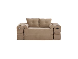 Canapé convertible 2 places en velours côtelé beige avec poches latérales et porte-gobelets