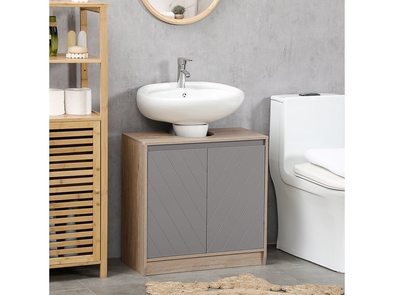  Meuble sous-vasque 2 portes, chêne clair et gris, 60 x 30 x 59,8 cm  - Conforama D