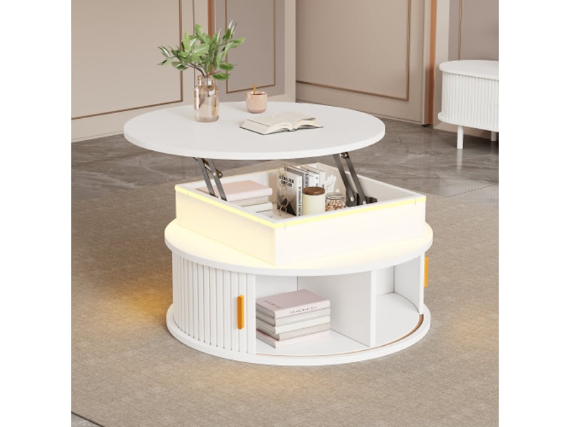  Table basse ronde blanche led réglable, 75×75×52 cm, rangement caché, 2 portes coulissantes, finition haute brillance  - Conforama B