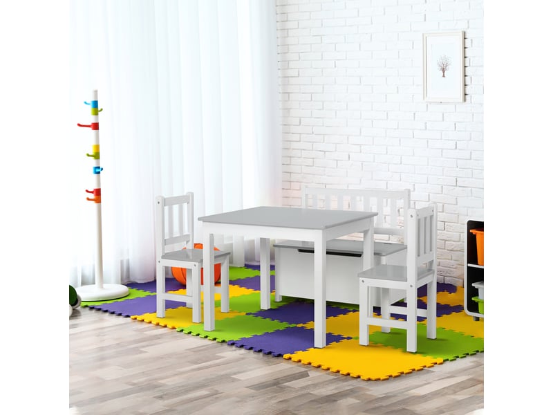  Ensemble table et chaises pour chambre d'enfant, comprenant une table, deux chaises et un coffre en bois, blanc et gris.  - Conforama C