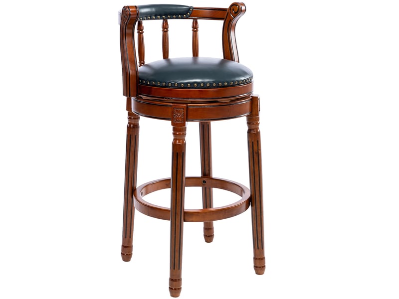 Tabouret de bar pivotant 360° 55x55x96 cm, cuir véritable, hauteur d'assise 66 cm, bleu, dossier courbé, structure en bois - Conforama A