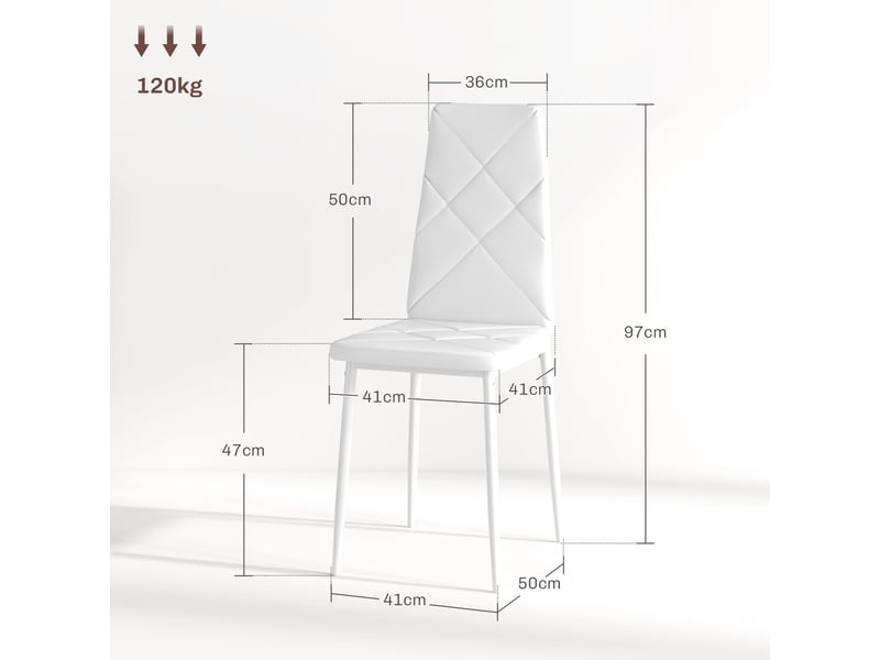  Ensemble de 6 chaises de salle à manger revêtues de similicuir, avec dossier haut et pieds en acier, 41 x 50 x 97 cm, blanches  - Conforama E