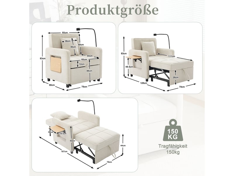  Fauteuil-lit convertible 2-en-1 en chenille beige, dossier réglable 5 positions, tablette et rangements, 167 cm IKSETERA TRADING LTD - Conforama C