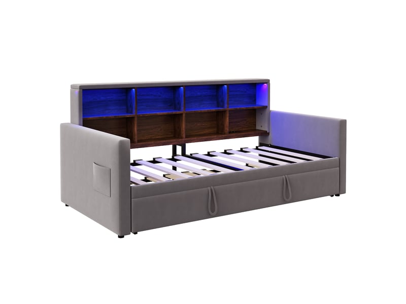  Lit banquette 90x190 cm gris foncé en velours, lit gigogne à 3 positions avec led et prises intégrées  - Conforama D