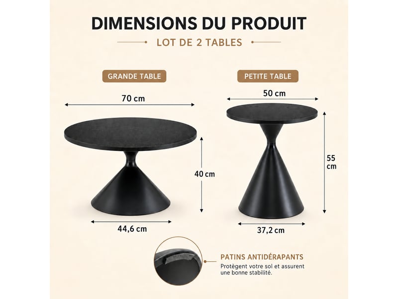  Lot de 2 tables basses gigognes rondes noir et design conique en métal solide  - Conforama D