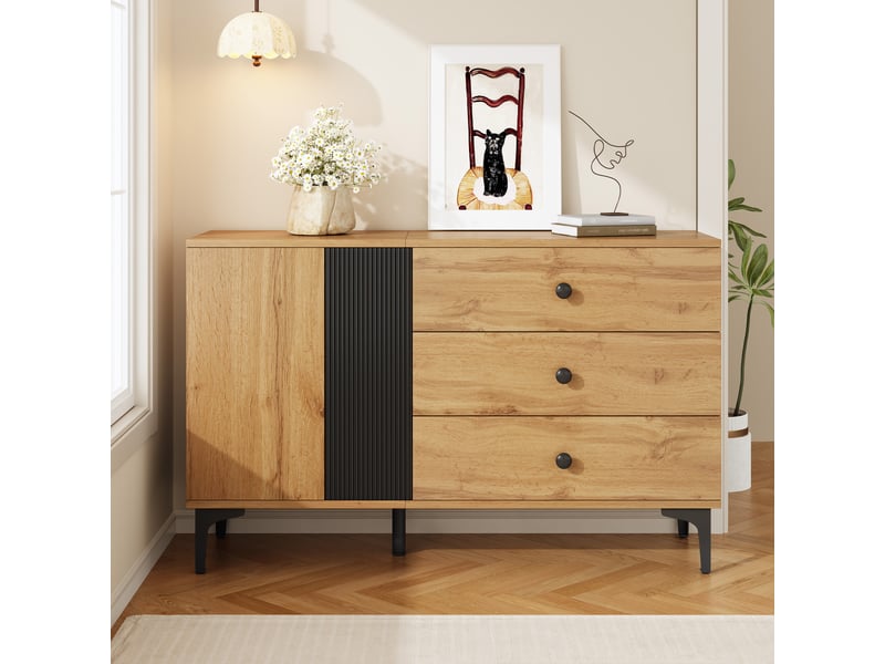  Buffet moderne 120x35x76 cm, meuble rangement noir et naturel avec portes et tiroirs, design contemporain pour salon ou cuisine  - Conforama B