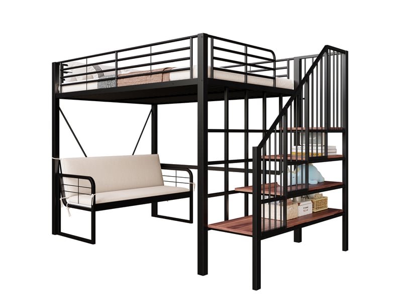  Lit mezzanine 140x200 cm – noir – canapé amovible lavable et escalier avec rangement – sans matelas  - Conforama A