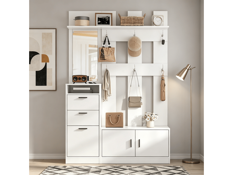  Vestiaire d'entrée complet, porte-manteau avec meuble à chaussures et miroir intégré, avec 6 patères et étagères de rangement, blanc  - Conforama W