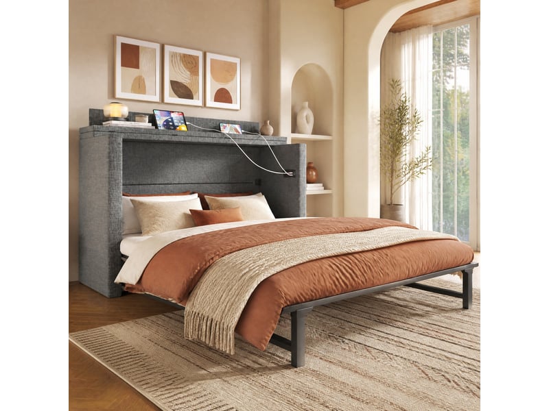 Lit escamotable tcqpz 140 x 200 cm avec tiroir, ports usb et type-c, lin gris, lattes - Conforama E