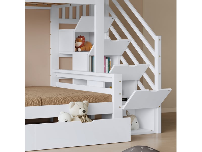  Lit superposé enfant 90x200 et 120x200 cm – blanc et naturel – 2 tiroirs à roulettes et escalier d’angle  - Conforama B