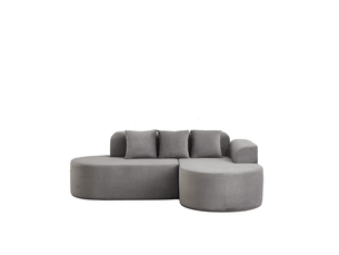 Canapé d'angle à méridienne incurvée avec 3 coussins, accoudoirs arrondis, en velours côtelé gris