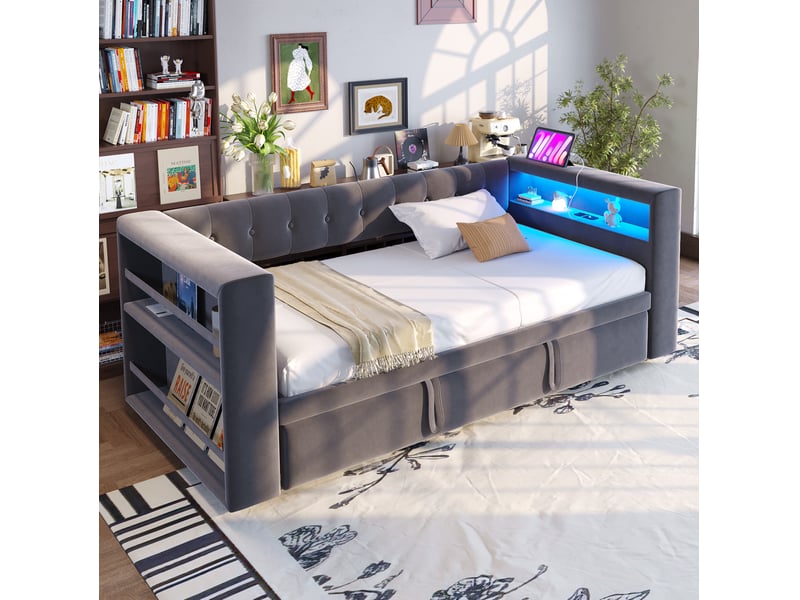 Canapé-lit multifonctionnel 90180x190 cm avec led, prises et rangement mdf bois gris foncé sans matelas - Conforama E