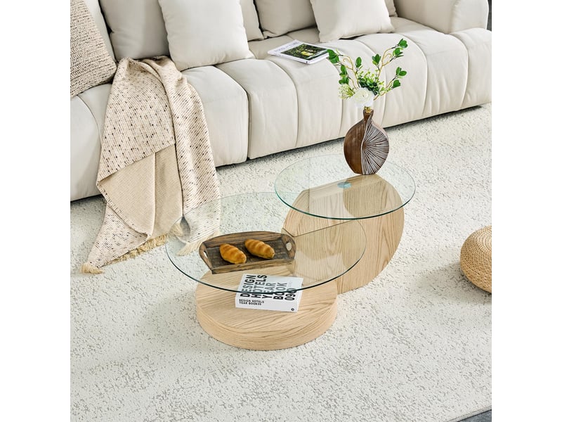  Table basse - 90x51x44cm - en verre trempé &amp; mdf - table de salon multiniveau aspect bois clair - naturel  - Conforama C
