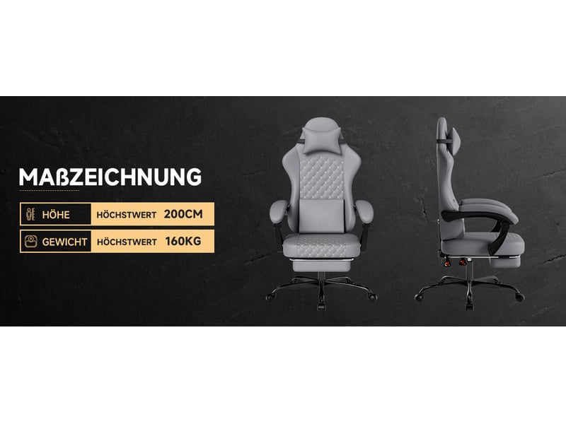  Chaise gaming en cuir pvc gris, massage avec support pied, ergonomique et ajustable jusqu'à 150 kg  - Conforama C
